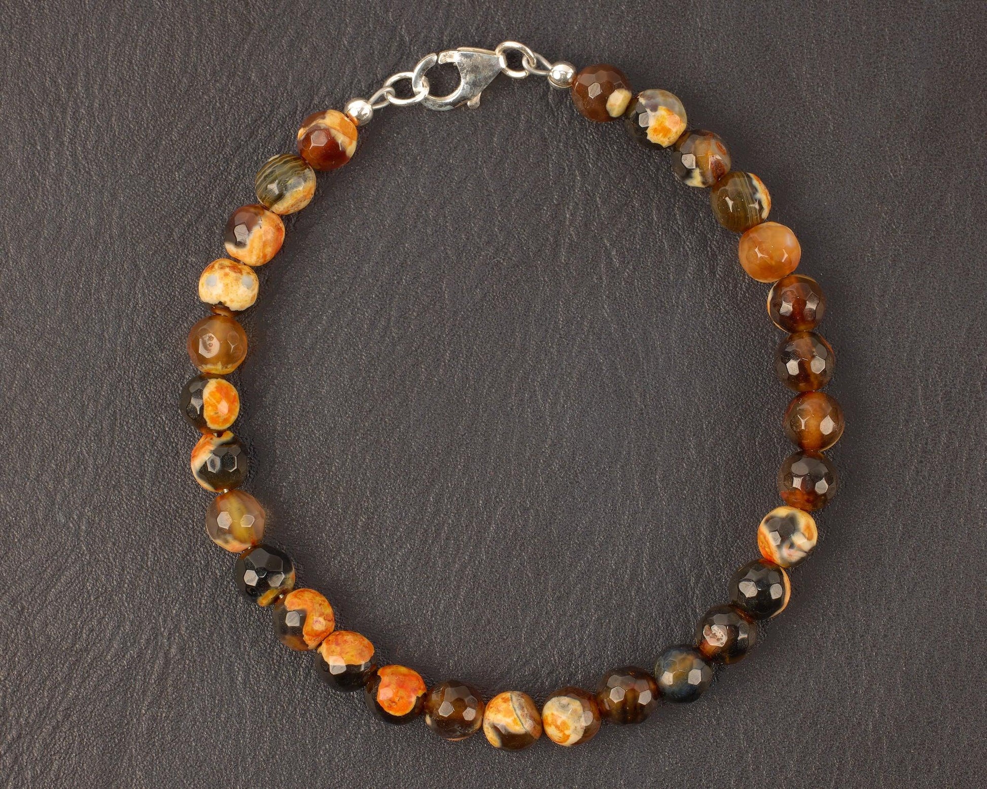 Bead Bracelet - Natural Orange Fire Dragon Agate - 925 Silver Hardware - 8" - Beaunique Boutique