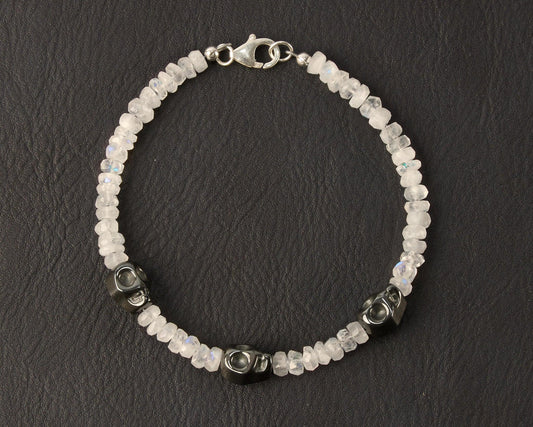 Skull Bead Bracelet - Natural Moonstone - 925 Silver Hardware - 7 3/4" - Beaunique Boutique