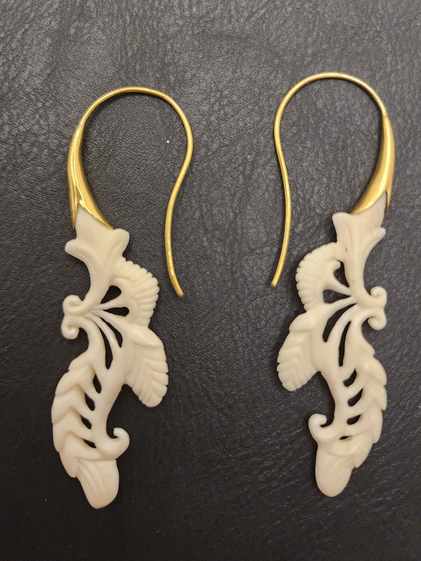 Natural Bone Earrings - Cow Bone and Brass - Hand Carved - BE9