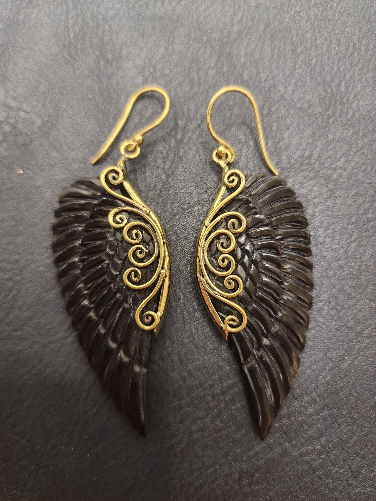 Natural Bone Earrings - Bullhorn and Brass - Carved Feather - BE10